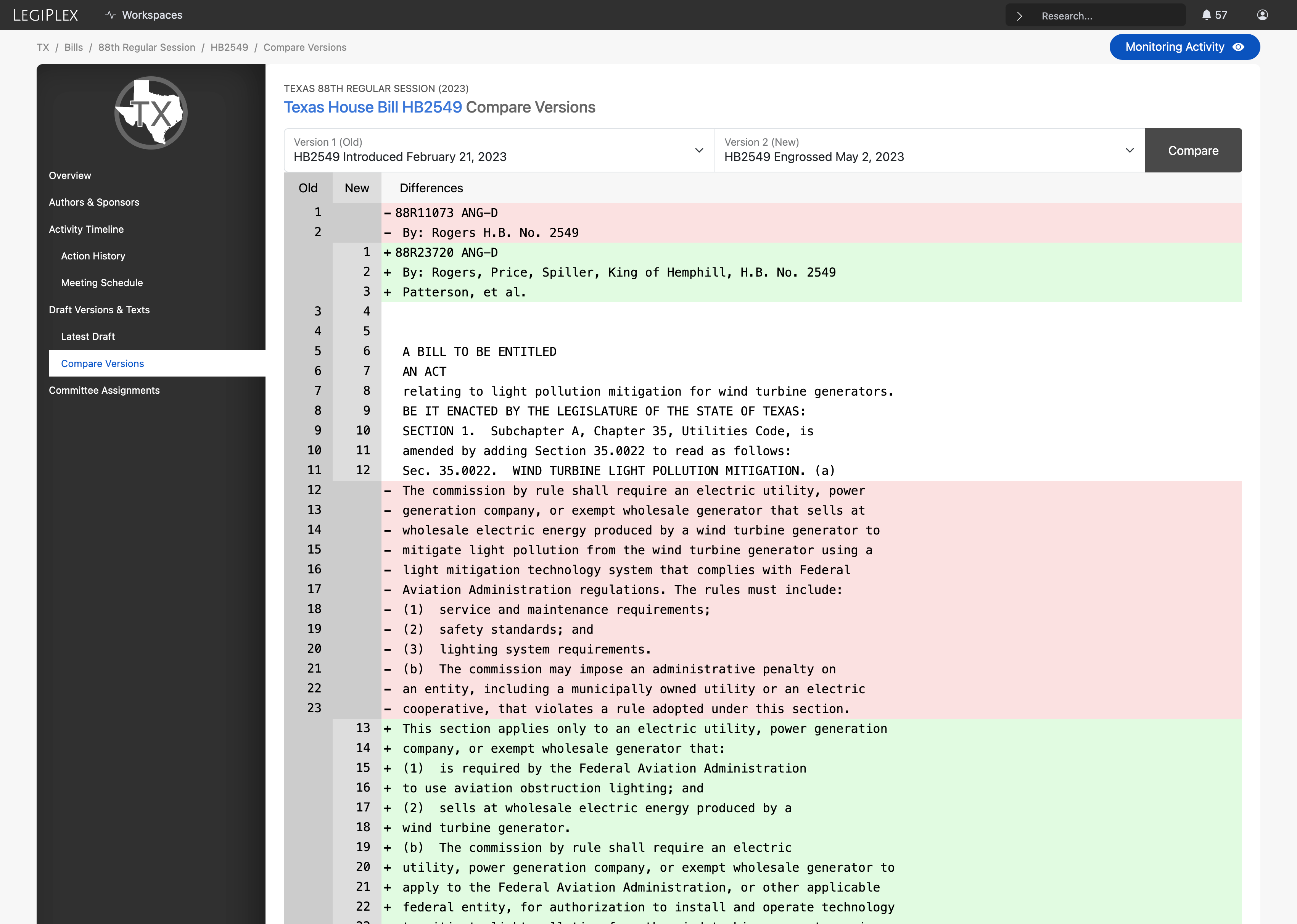 LegiPlex Bill Profile - Compare Draft Versions (redline)