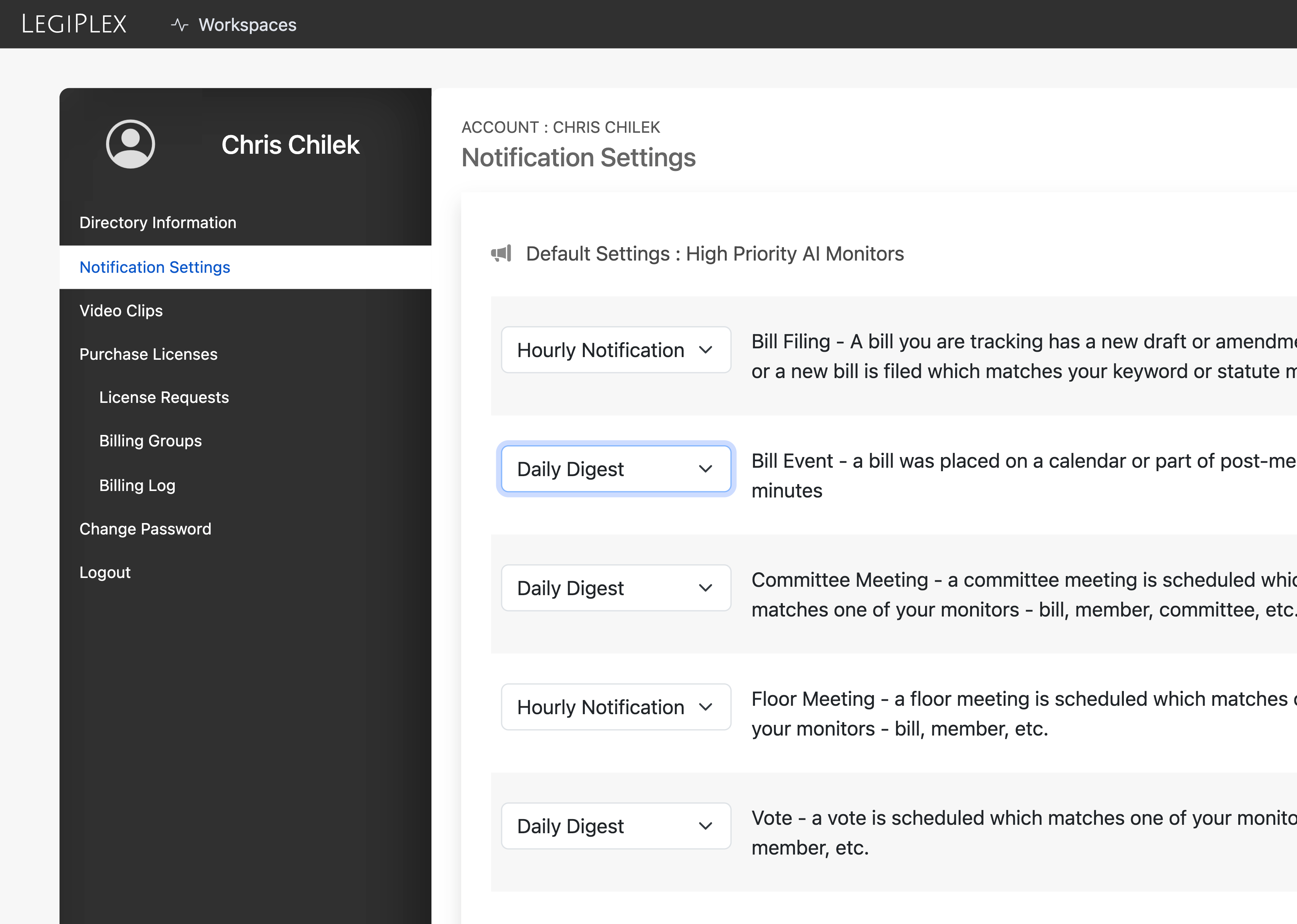Legiplex Account Settings - Notification Settings