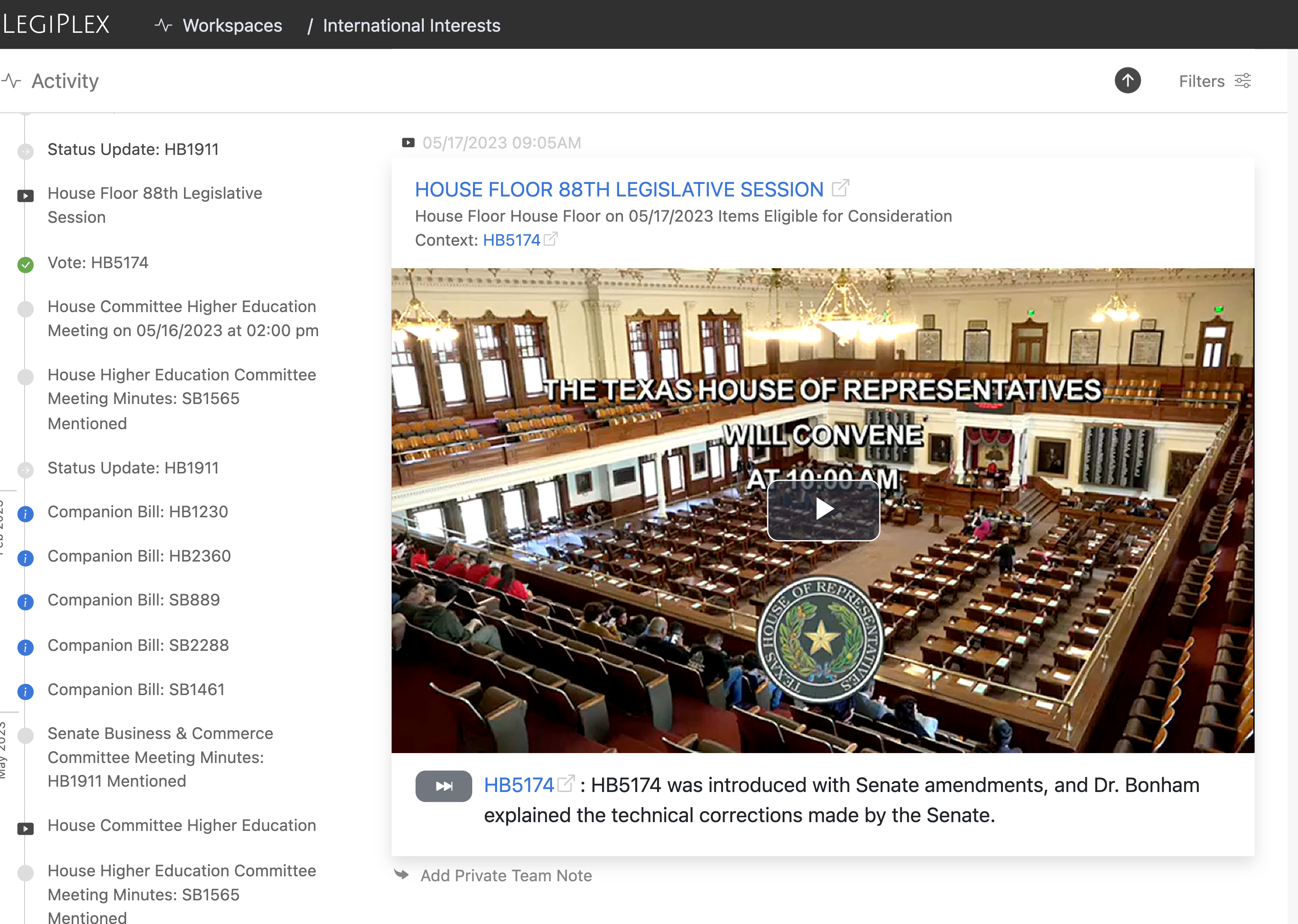 LegiPlex Workspace - Legislative Activity Feed
