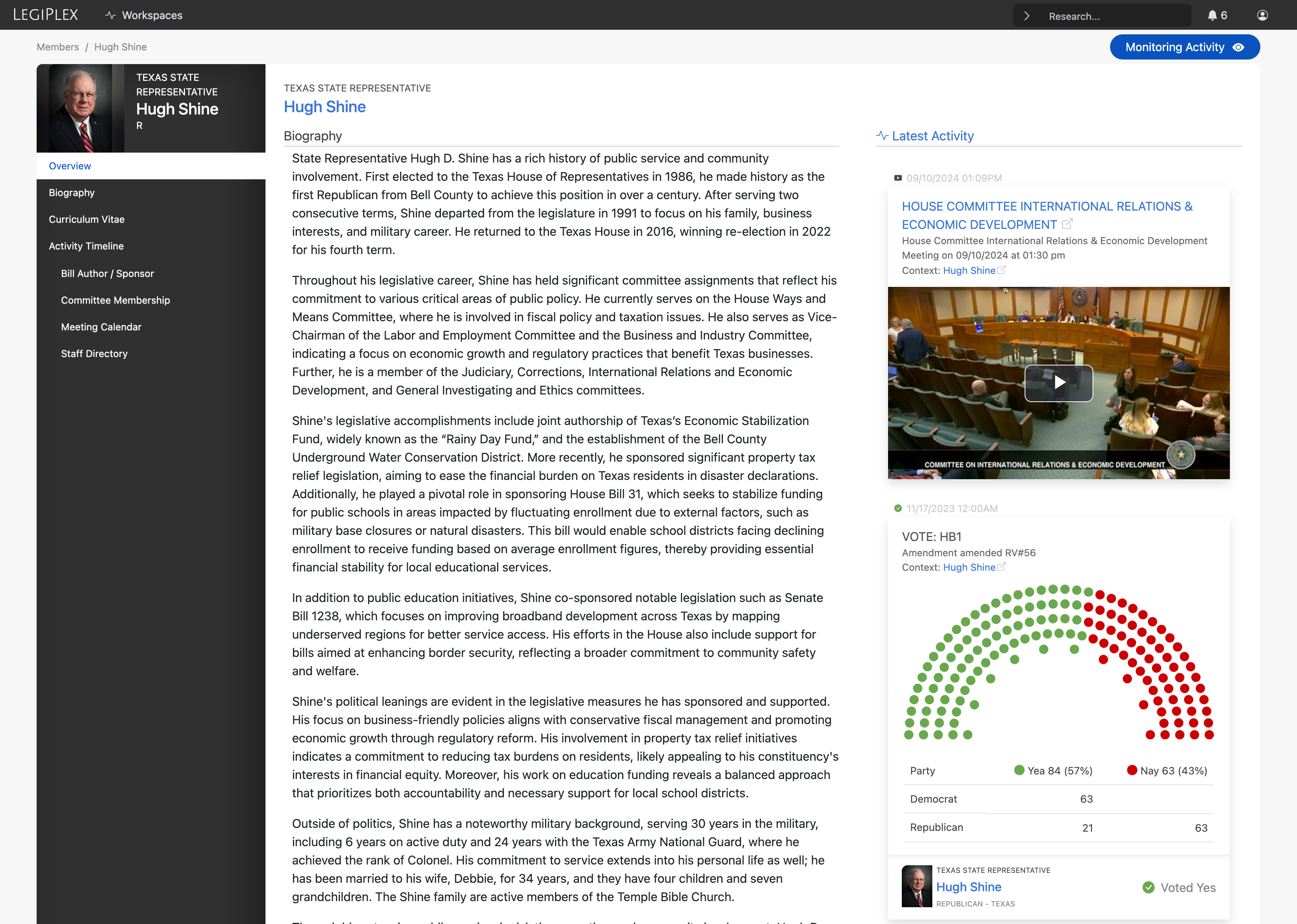 LegiPlex Legislator Profile - Dashboard & Recent Activity